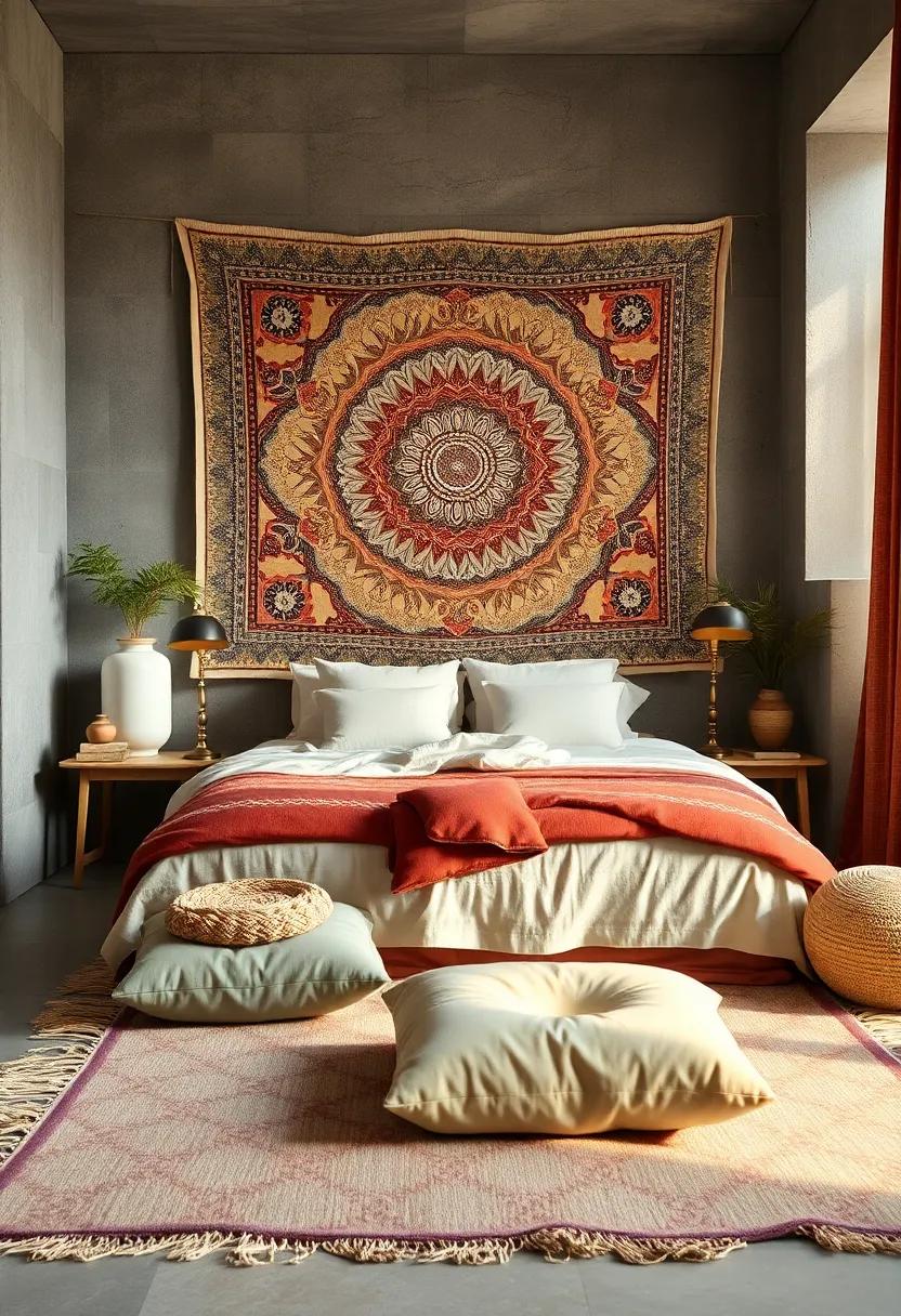 Subtle Mix of Warm and Cool Tones in a Bohemian Bedroom with Layered Floor Cushions and Artistic Textile Walls