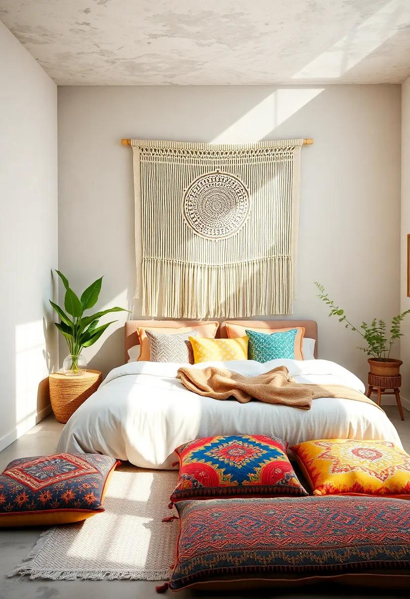 Boho-Chic Bedroom Ambiance Enhanced by Macramé Tapestry and Colorful Floor Cushions in a Sunlit Space