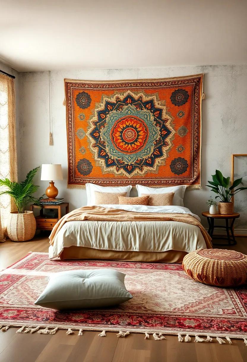 Soft Area Rugs and Bold Tapestry Backdrops Framing a Floor Cushion Nook in a Peaceful Bohemian Bedroom