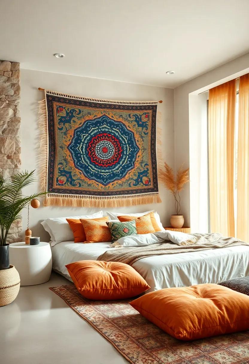 A Relaxed Boho Bedroom Corner with Hanging Tapestry Art and Soft Floor Pillows Creating a Comfortable Seating Area