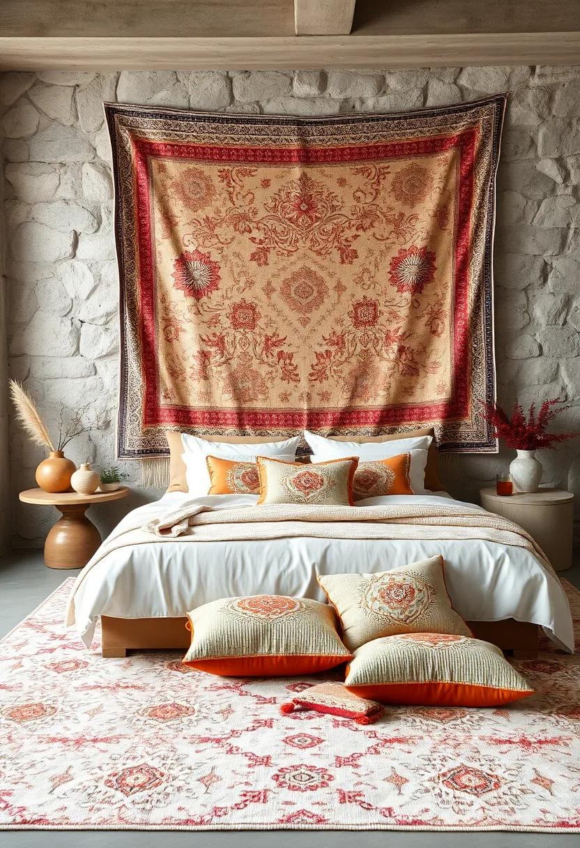 Textured Tapestries Flowing Behind a Bed Styled with Matching Boho Cushions on an Oversized Floor Rug