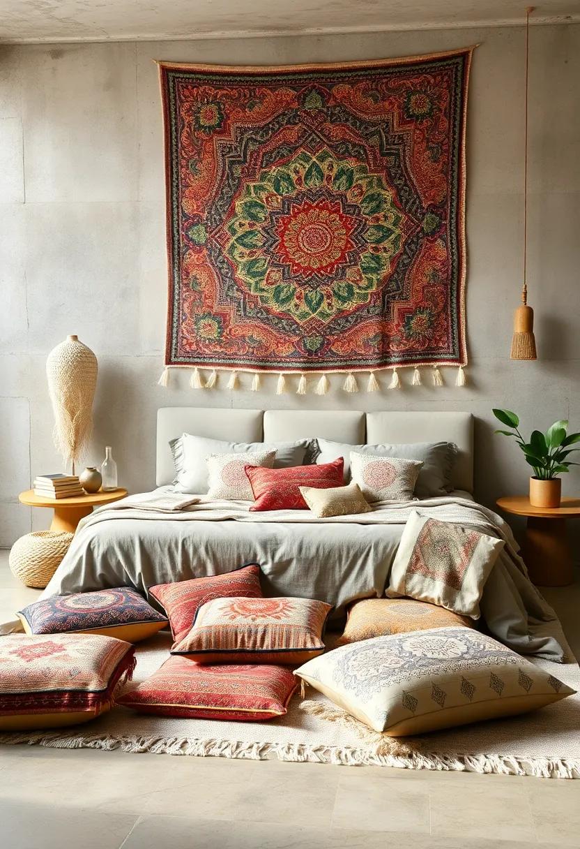 A Tapestry's Intricate Patterns Complementing a Collection of Boho Floor Cushions in a Calm and Cozy Bedroom