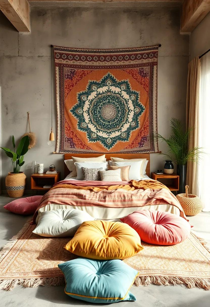 Natural Elements Blended with Bohemian Fabrics and Tapestries Surrounding Plush Floor Cushions for Relaxation