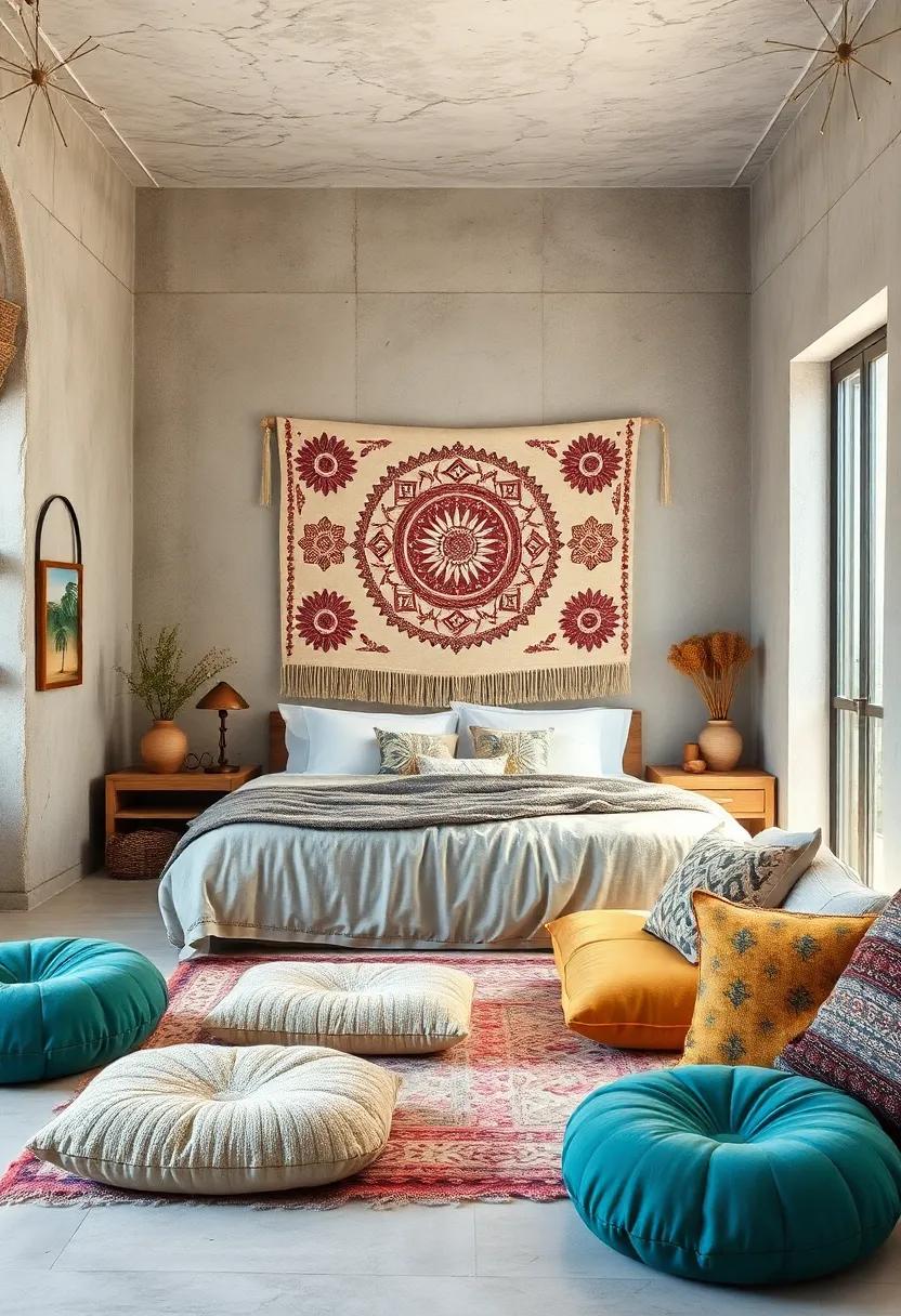 A Cozy Bohemian Retreat Defined by Handcrafted Tapestry Art and Plush Floor Seating Arranged for Comfort