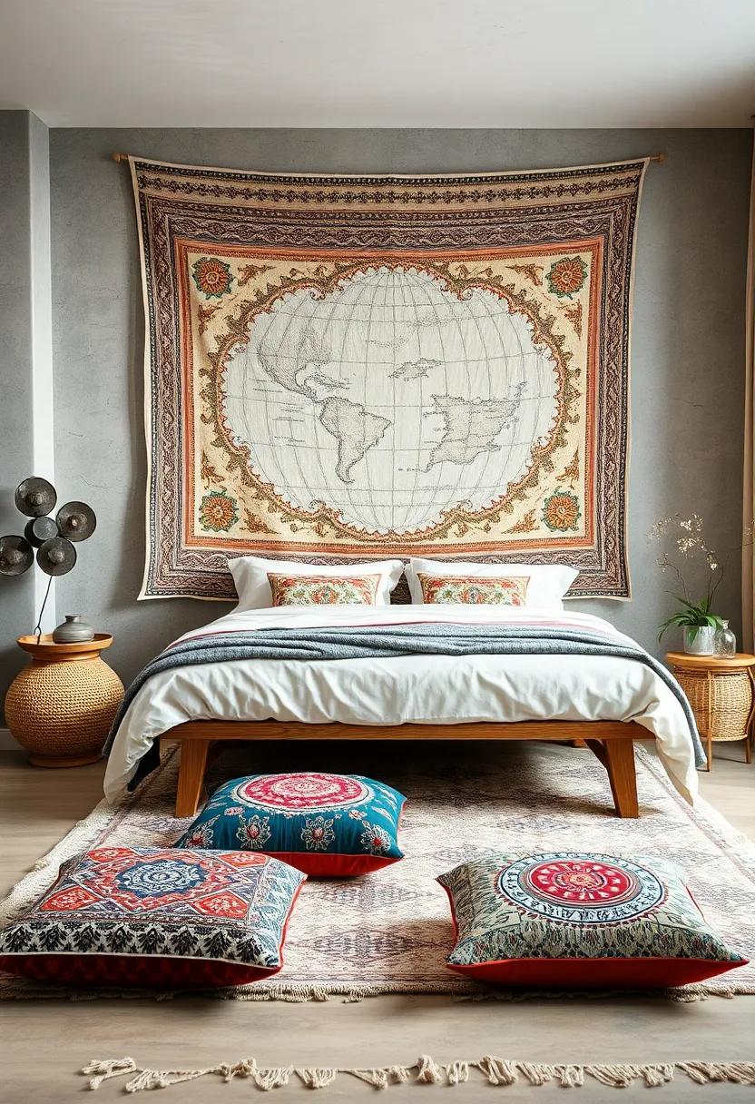 Mixing Global Patterns in a Cozy Bedroom Scene with Bohemian Tapestry Backdrop and Eclectic Floor Cushions
