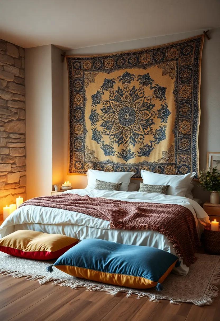 Soft Candlelight and Tapestry Backdrops Creating an Intimate Bohemian Bedroom Mood with Comfortable Floor Pillows
