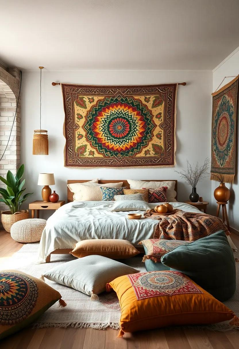 Layered Fabrics and Textiles Creating Depth in a Bohemian Bedroom Scene Dominated by Floor Cushions and Wall Tapestries