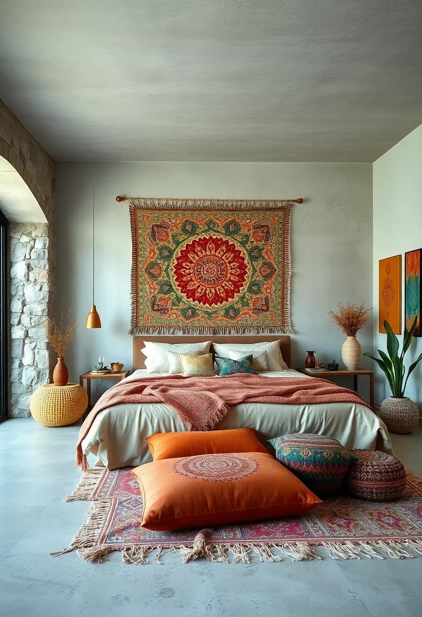 Layering Textures for a Rich and Earthy Boho Bedroom Featuring Handwoven Tapestries and Vibrant Floor Seating
