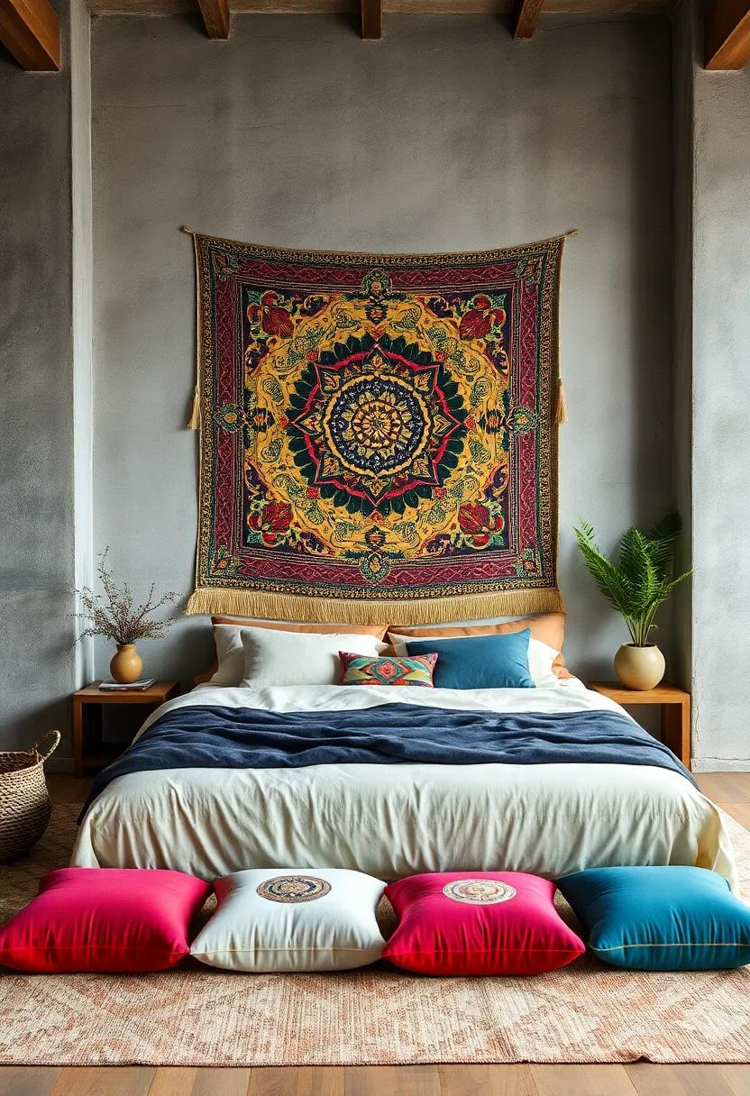 Vintage Tapestry Hanging Over a Low Bed Framed by Jewel-Toned Floor Cushions Against a Minimalist Background
