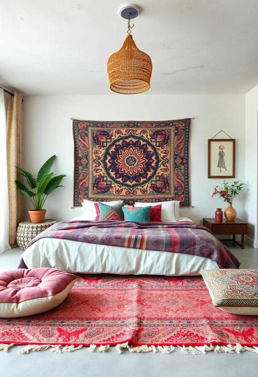 Casual Bohemian Bedroom Vibes with Hand-Printed Tapestries and Floor Cushions Arranged Like a Cozy Lounge