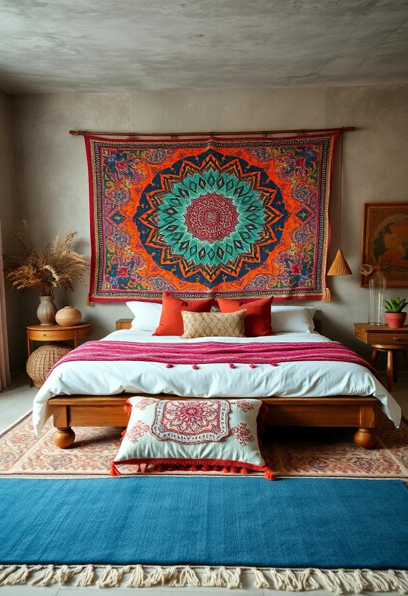Rustic Wooden Bed Frame Framed by Vibrant Tapestry and Layered Cushions on a Floor Rug in a Boho Style Bedroom