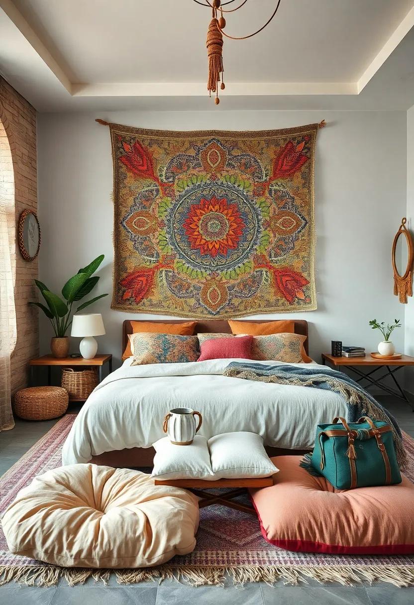 Eclectic Boho Bedroom Featuring Dreamy Tapestry Art and Oversized Floor Cushions Inviting Relaxation