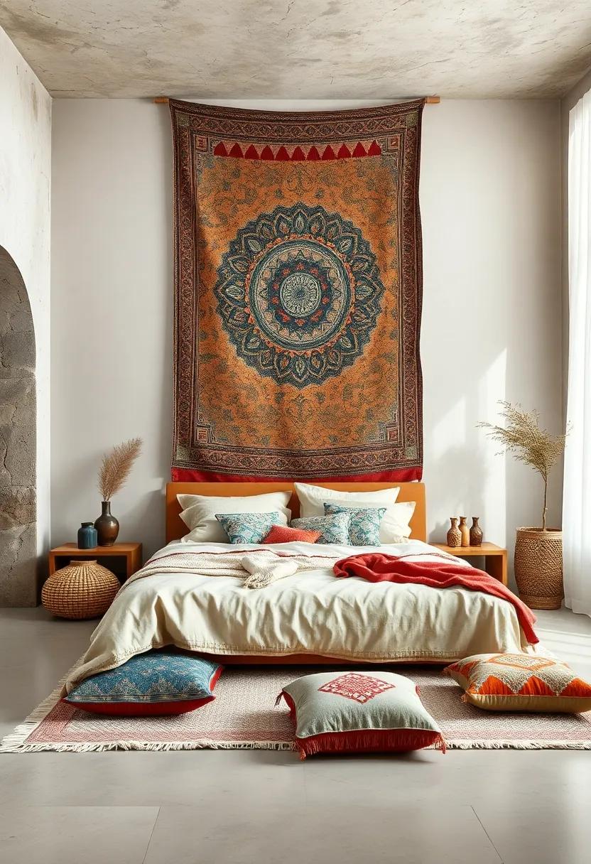 Bright and Airy Boho Bedroom with Flowing Tapestry Panels and Cushioned Floor Seating for a Laid-Back Retreat