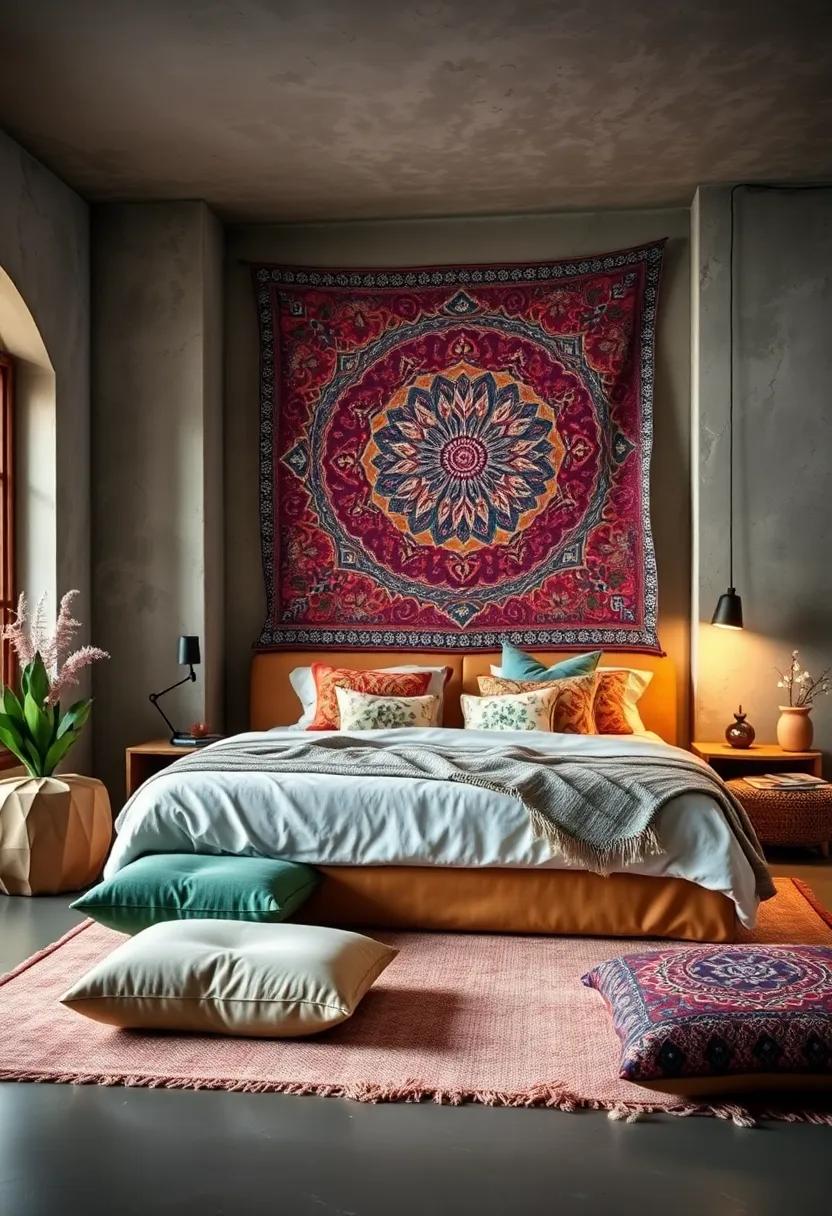 Low Lighting Highlighting Vibrant Tapestry Walls and Plush Floor Cushions in a Boho Bedroom Retreat