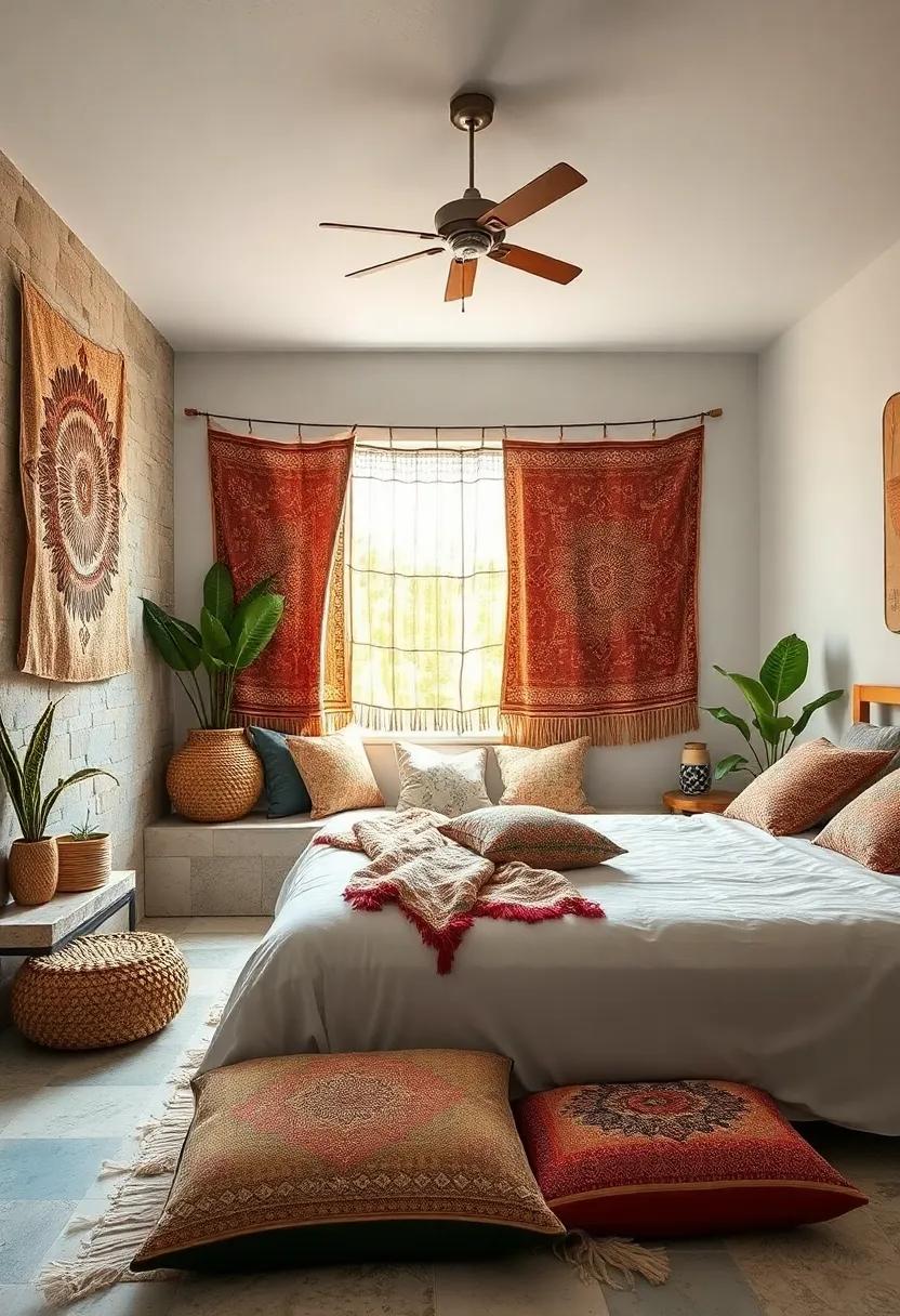 A Bohemian Haven with Earth-Toned Tapestries and Soft Floor Cushions Near a Window Nook Bathed in Warm Light