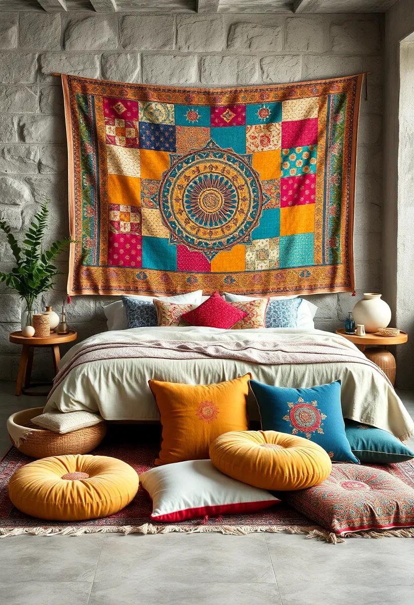 Colorful Bohemian Bedroom Decor Showcasing Patchwork Tapestry Overhead and an Array of Plush Floor Pillows