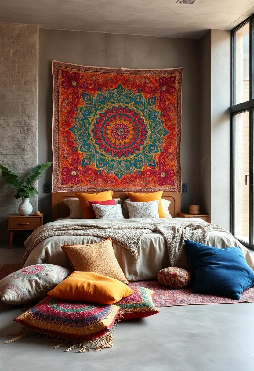 A Tapestry of Colors and Textures in a Boho Bedroom Enhanced by an Array of Cushions Scattered on the Floor