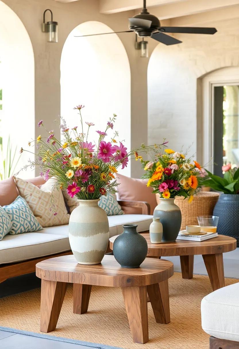 Artisan Ceramic Vases Overflowing with Wildflowers on Distressed Teak Side Tables for Organic Elegance