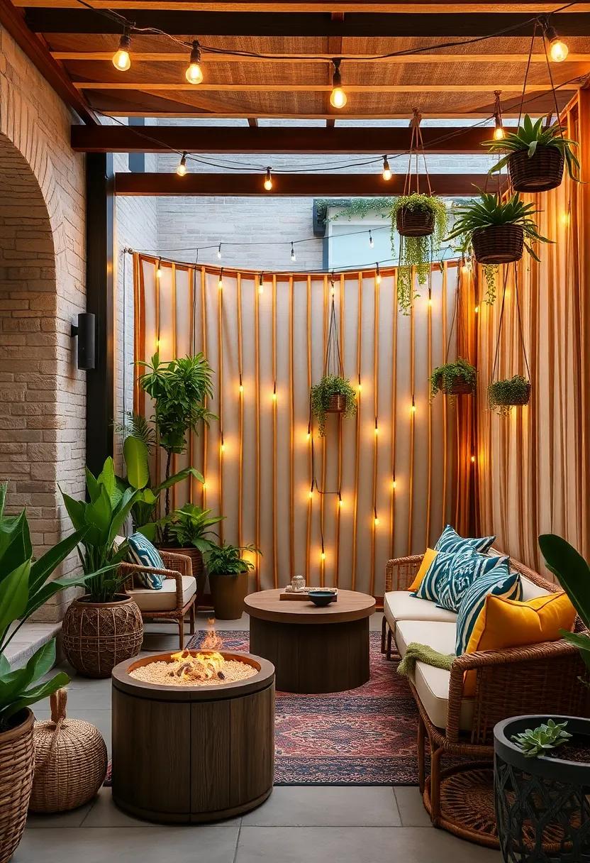 Bamboo Privacy Screens Decorated with Twinkling String Lights and Hanging Succulent Gardens