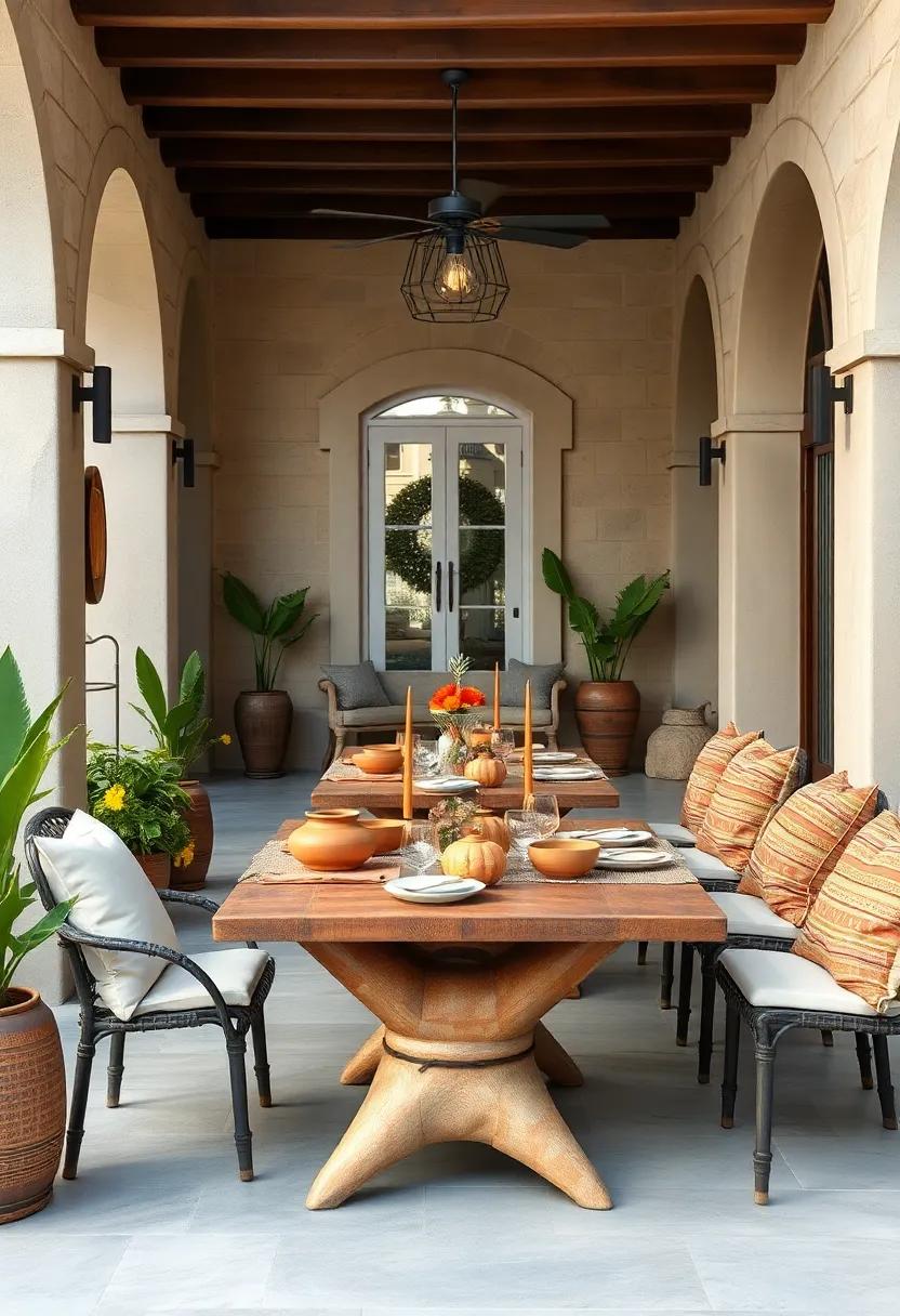Casual Bohemian Dining Settings with Mismatched Clay Dinnerware and Linen Napkins on Bare Tables