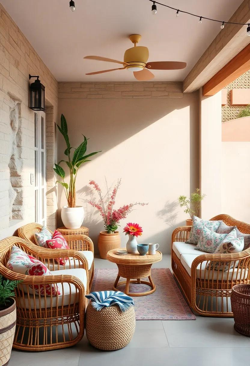 Charming Sun-Kissed Bohemian Patio Corners with Woven Rattan Furniture and Bright Patterned Cushions