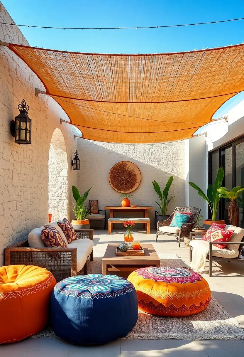 Colorful Moroccan Poufs Paired with Bamboo Shade Sails for Shade and Style in Sunny Patios