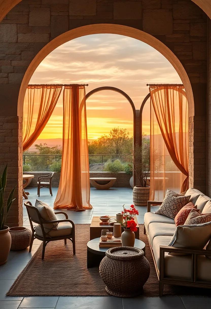 Dramatic Sunset Views Seen Through Arched Openings Draped in Sheer Fabrics and Earthy Colored Drapes