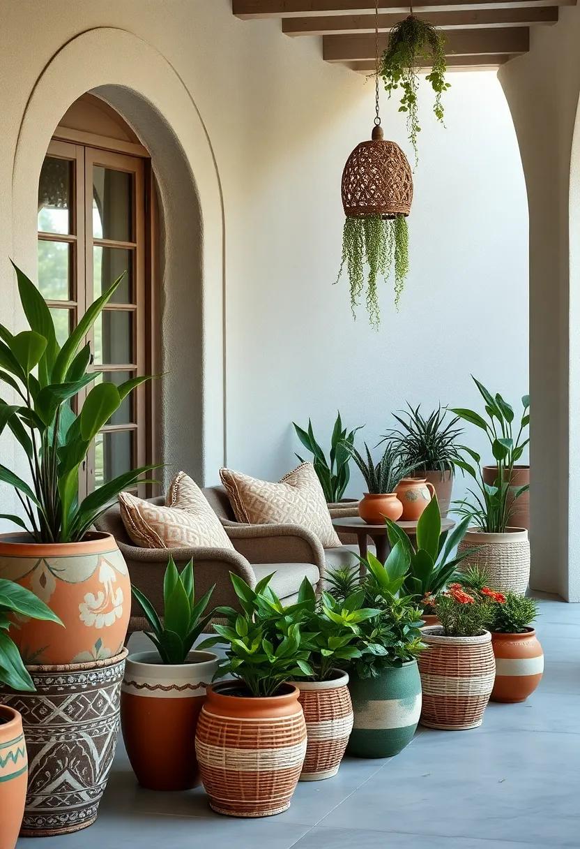 Eclectic Mix of Potted Plants in Hand-Painted Terra Cotta and Wicker Baskets for a Natural Vibe