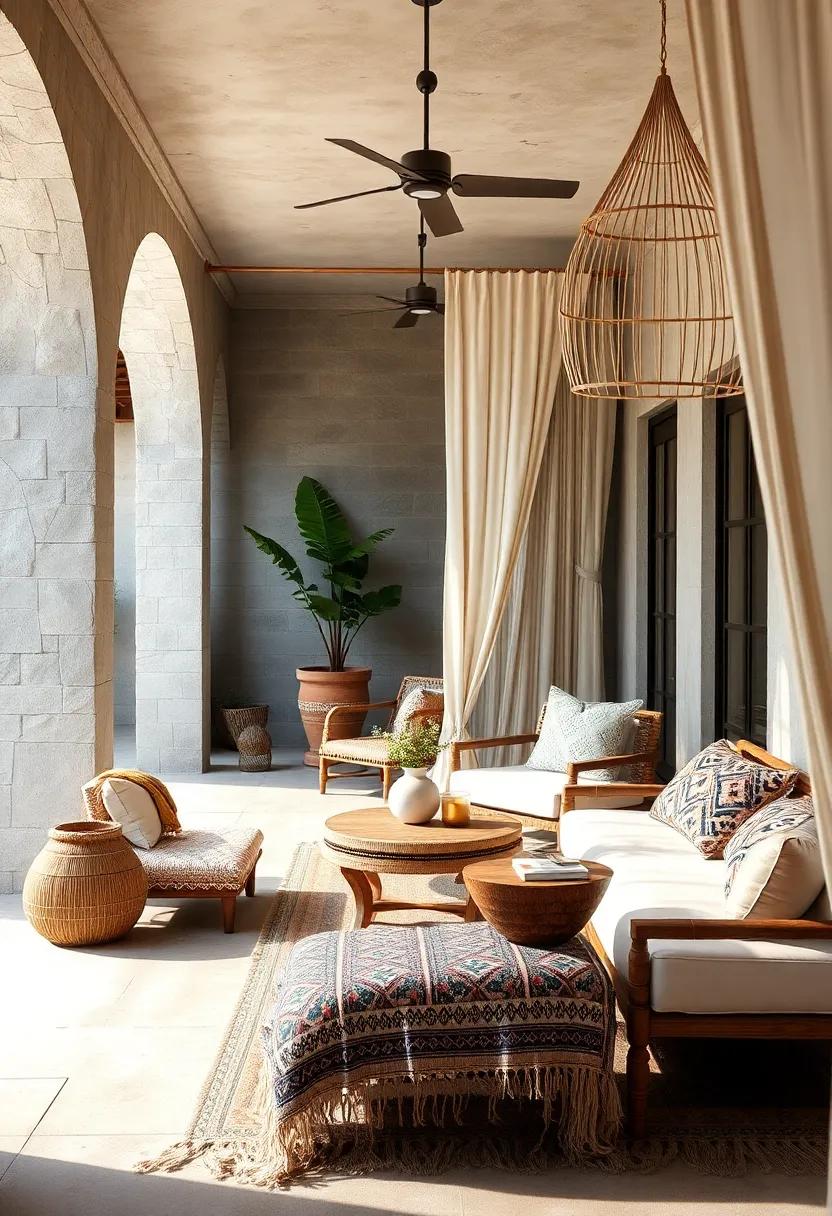 Layered Textiles Featuring Tribal Prints and Soft Macramé Drapes for Cozy Open-Air Lounges