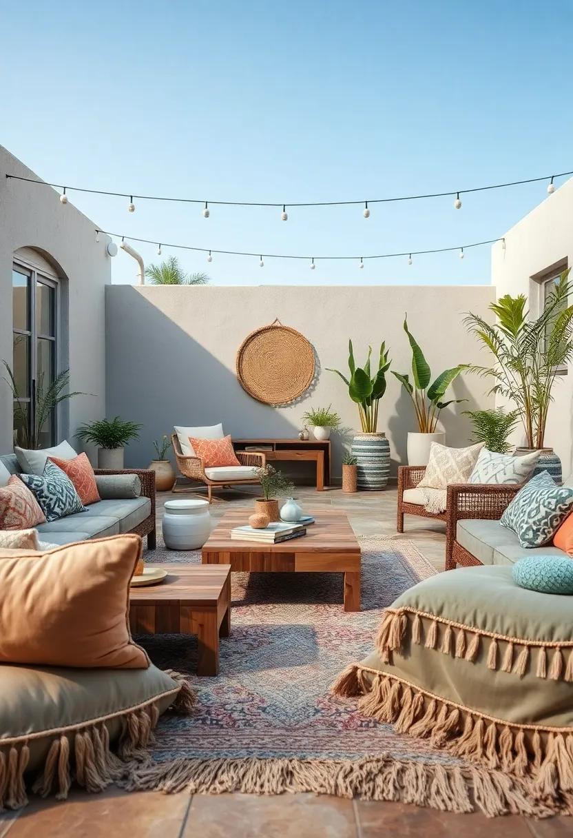 Low Wooden Coffee Tables Surrounded by Plush Floor Pillows in Muted Pastel Colors and Fringe Details