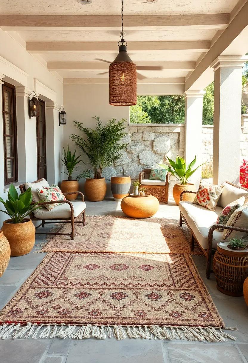 Natural Fiber Rugs Layered Over Stone Floors with Intricate Geometric Patterns in Faded Hues