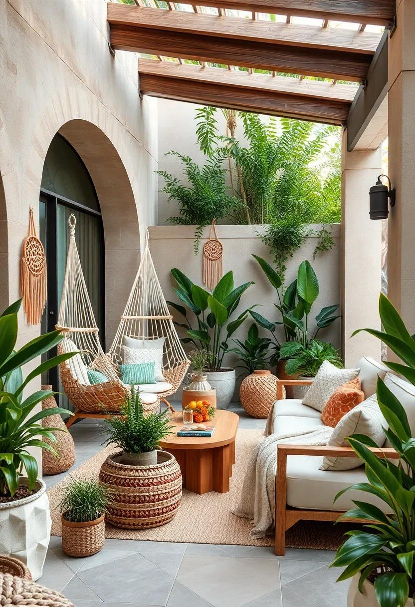 Relaxing Hammock Nooks Surrounded by Lush Greenery and Dreamcatcher Accents in Earthy Tones