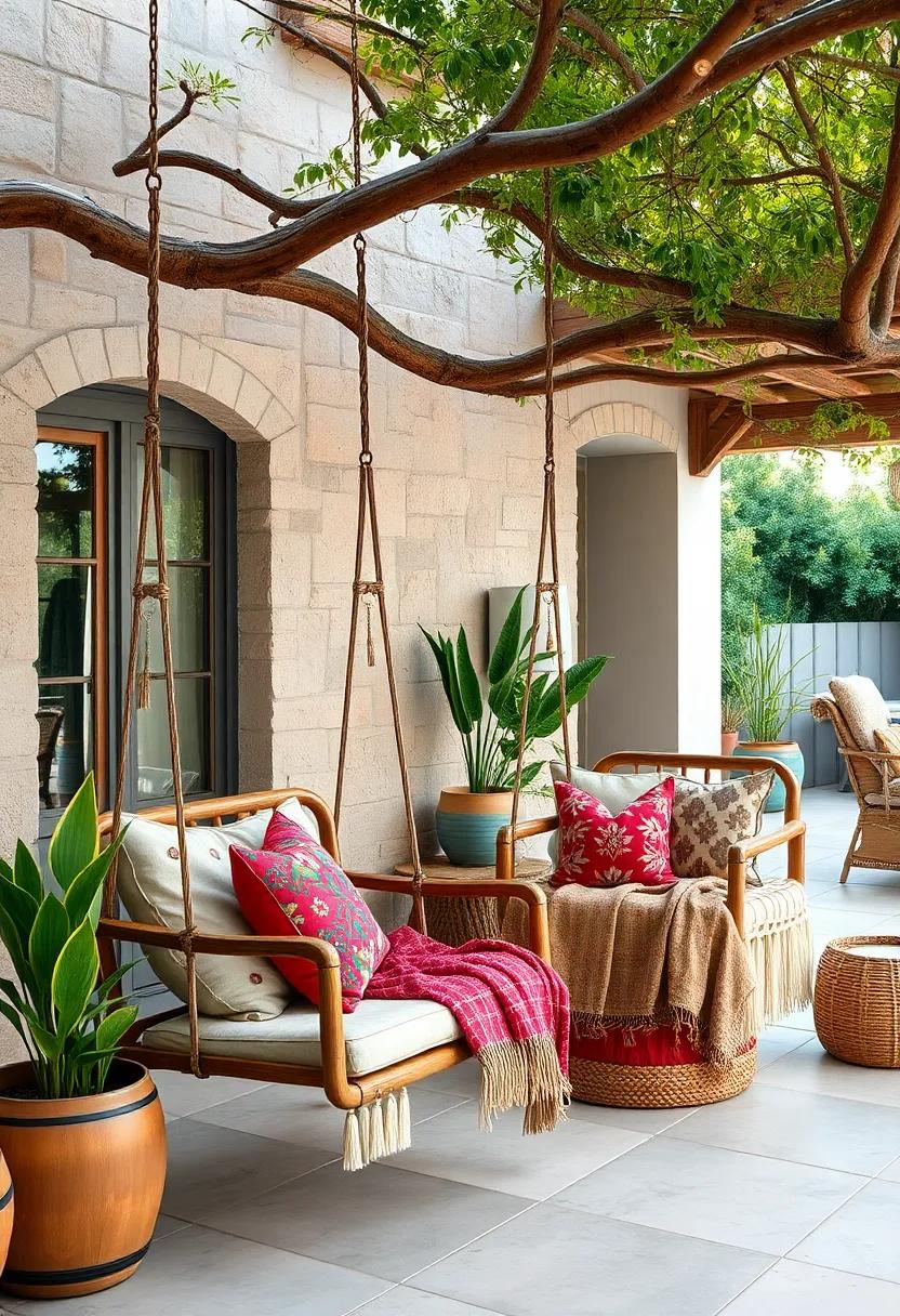 Rustic Wooden Swing Chairs Suspended from Tree Branches Adorned with Colorful Pillows and Throws