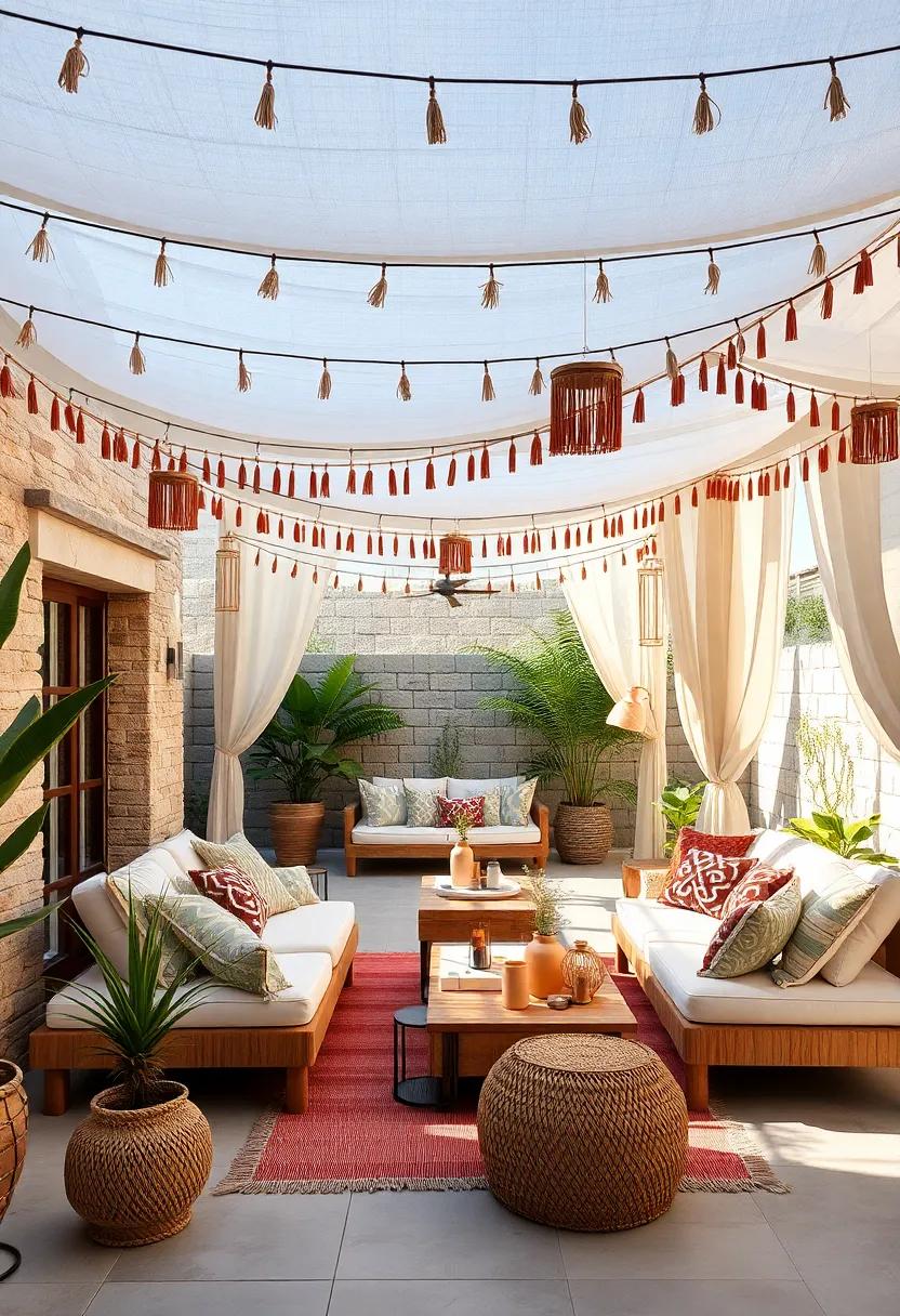 Soft Canopies Dotted with Wind Chimes and Tassels Framing Comfortable Outdoor Daybeds