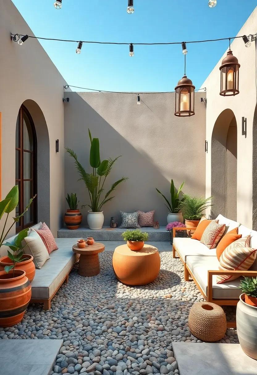 Themed Zen Corners with Pebble Pathways, Clay Pots, and Hanging Lanterns for Tranquil Vibes