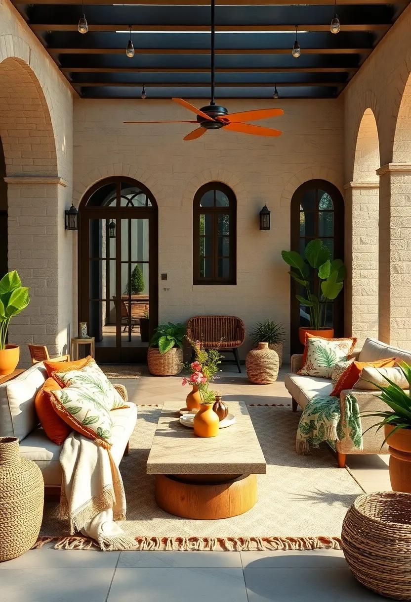 Tropical Leaf Prints Combined with Traditional Boho Elements on Cushions and Throws for Fresh Style