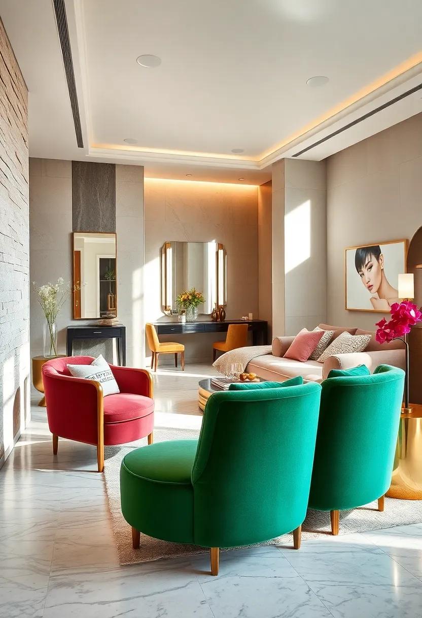 Chic Master Suite Bathed in Soft Natural Light with Luxe Velvet Upholstered Seating and Gleaming Gold Accents