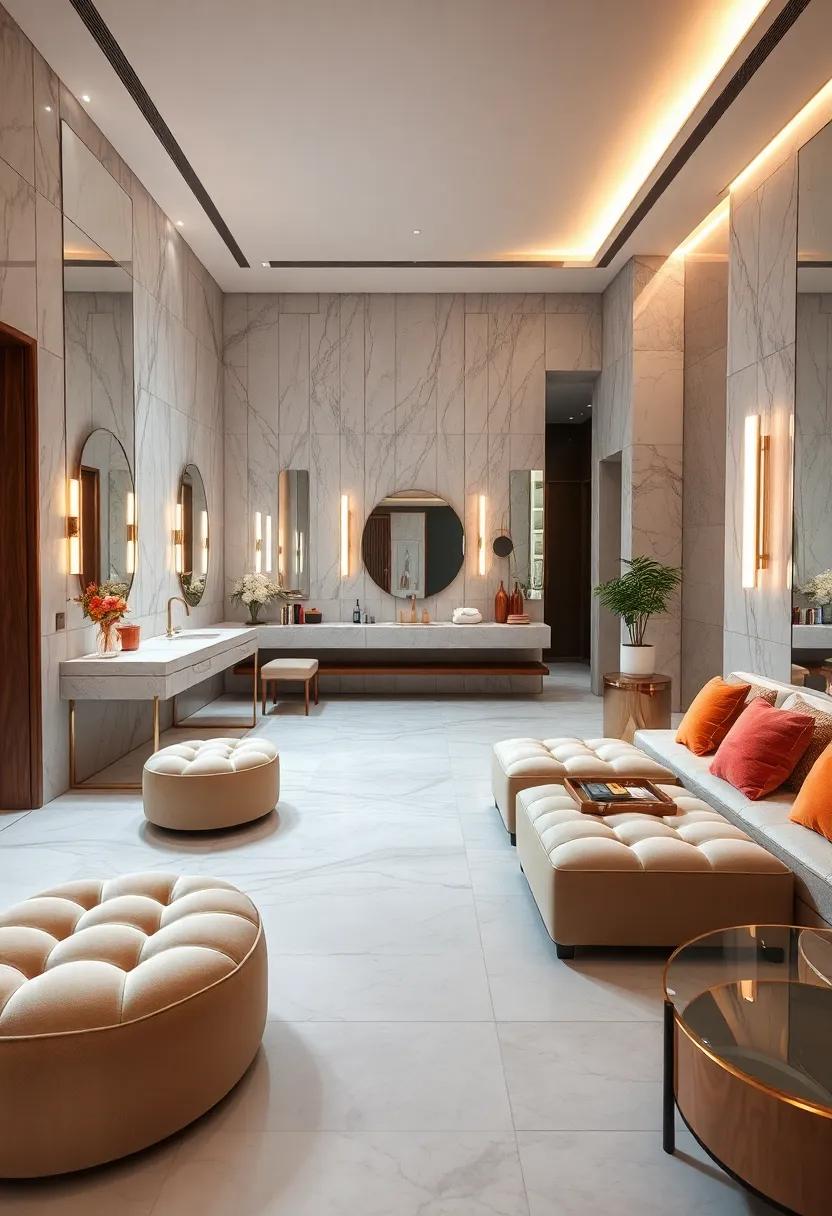 Luxurious Dressing Lounge with Marble Surfaces, Plush Ottomans, and Mirrored Walls for a Boutique-Style Experience