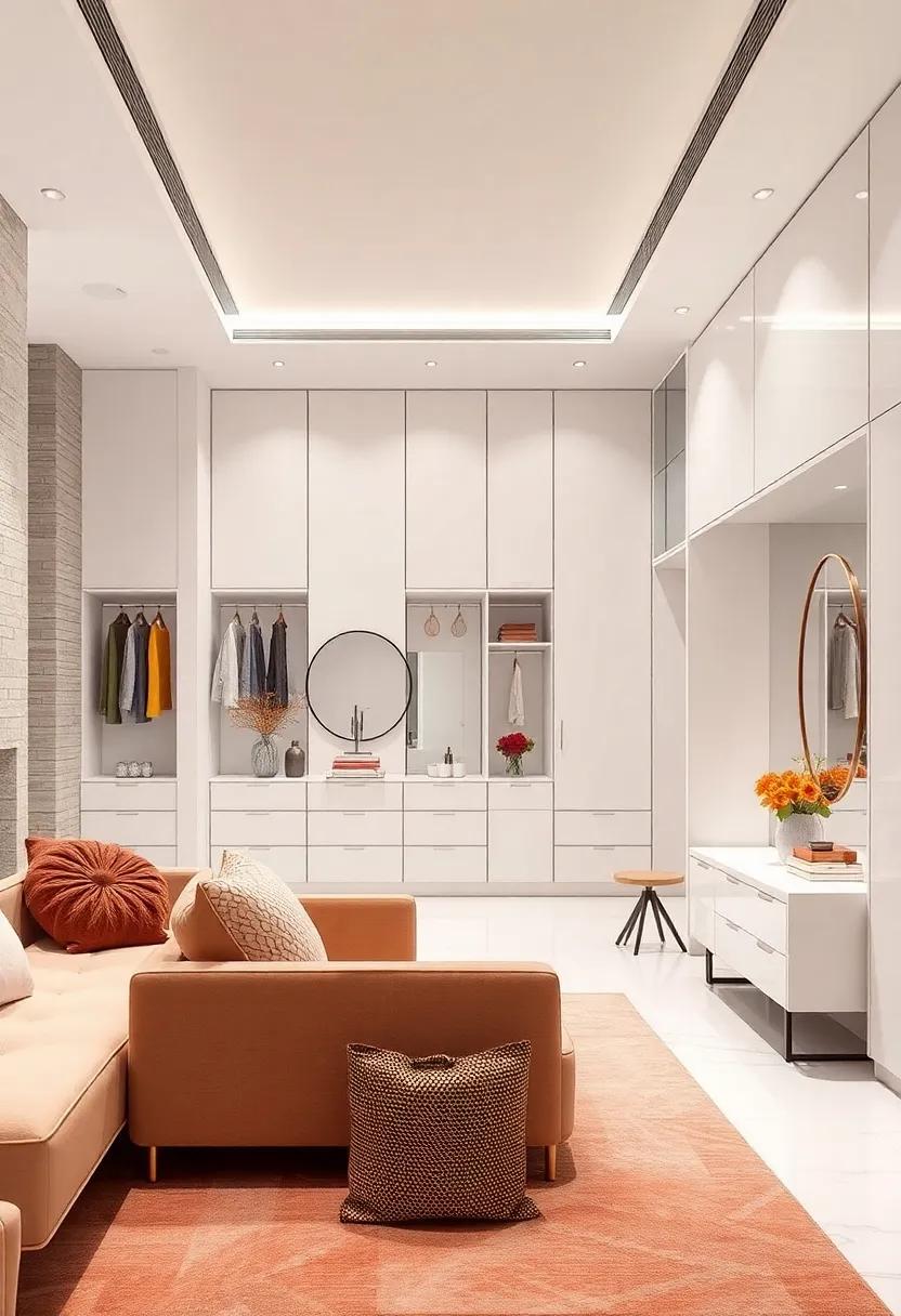 Minimalist Master Suite with Hidden Wardrobe Systems, Clean White Surfaces, and a Sleek Dressing Area Design