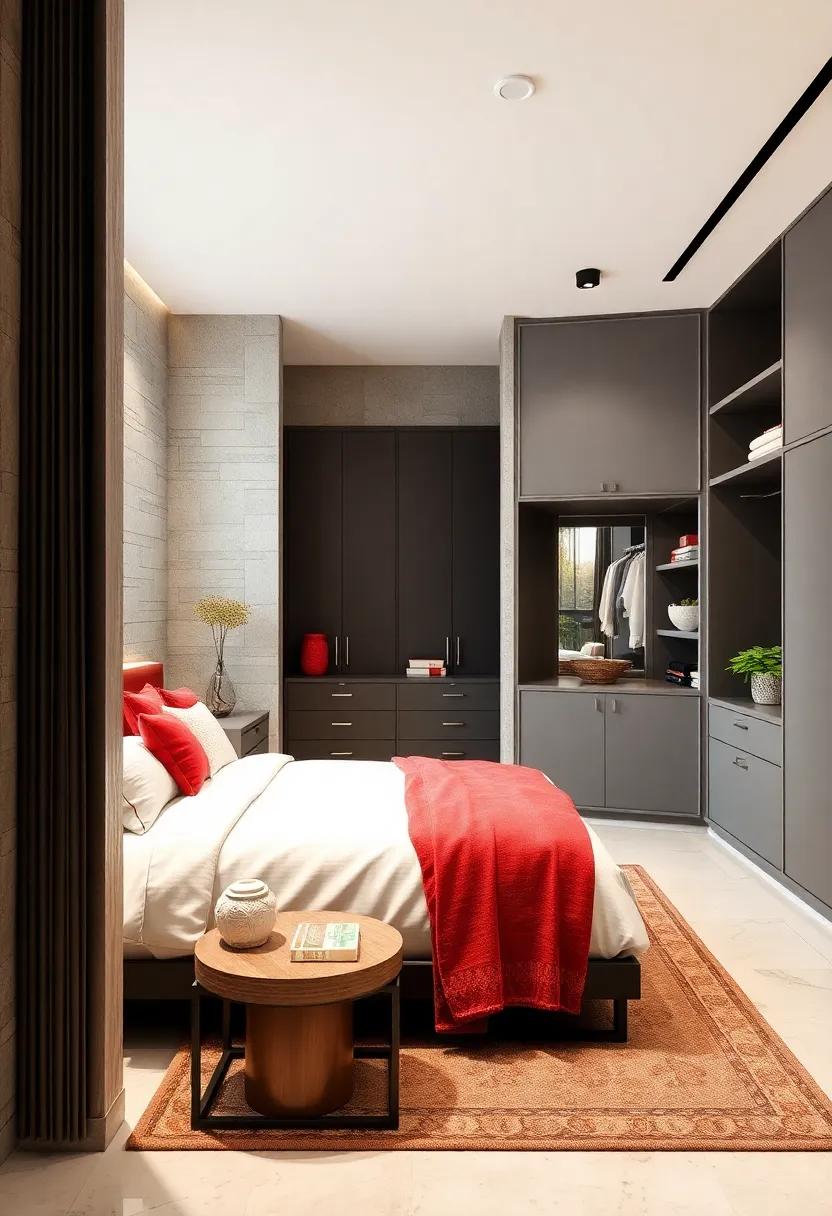 Contemporary Dressing Space with Bold Color Blocking, Sleek Modular Closets, and Statement Lighting Fixtures