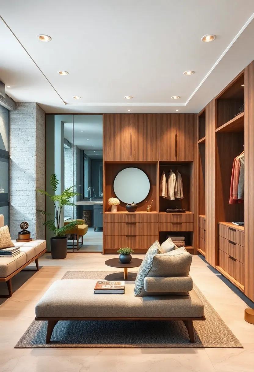 Mid-Century Modern Dressing Room with Clean Lines, Warm Wood Tones, and Minimalist Seating Surrounded by Stylish Wardrobes