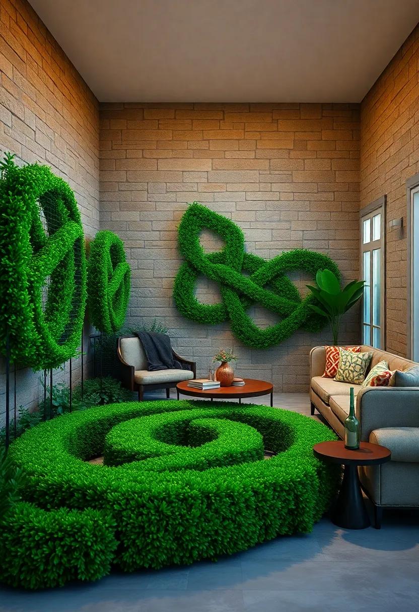 Sunset Silhouettes of Interwoven Green Hedges Creating Ancient Celtic Knot Elegance by Rustic Stone Walls