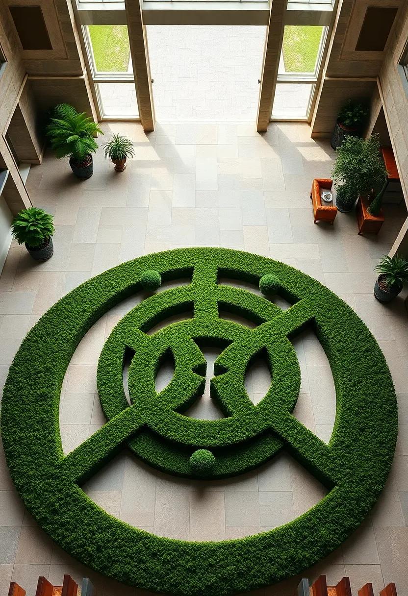 Aerial Perspective of Expansive Garden Displaying Large-Scale Celtic Knot Labyrinths Made From Boxwood