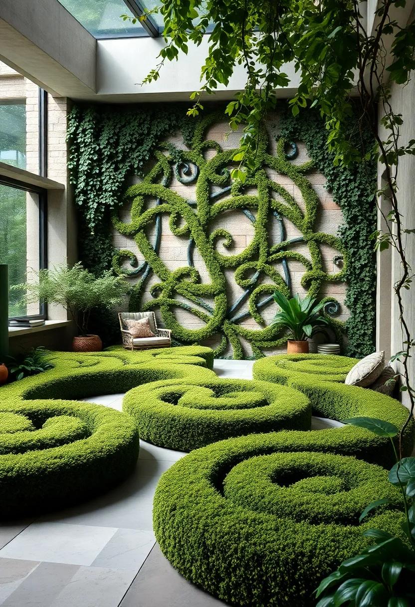 Soft Moss and Ivy Blending Elegantly With Structured Celtic Hedge Patterns in a Shaded Woodland Garden