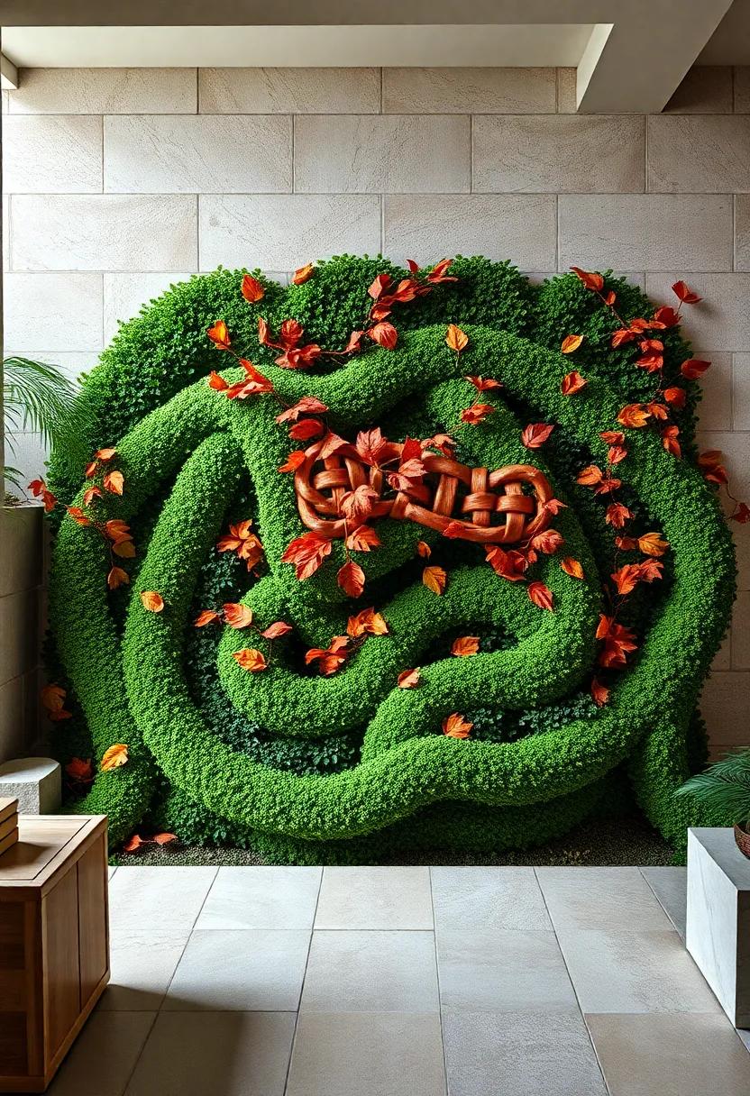 Wind-Swept Autumn Leaves Settling Among Tangled Green Hedges Shaped Into Timeless Celtic Designs