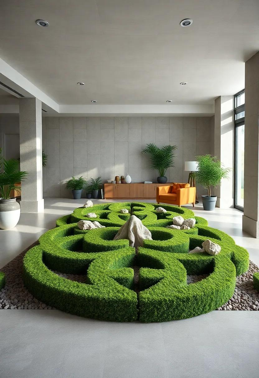 Natural Stones Interspersed Among Celtic Knot Hedges Adding Organic Contrast to the Sculpted Green Forms