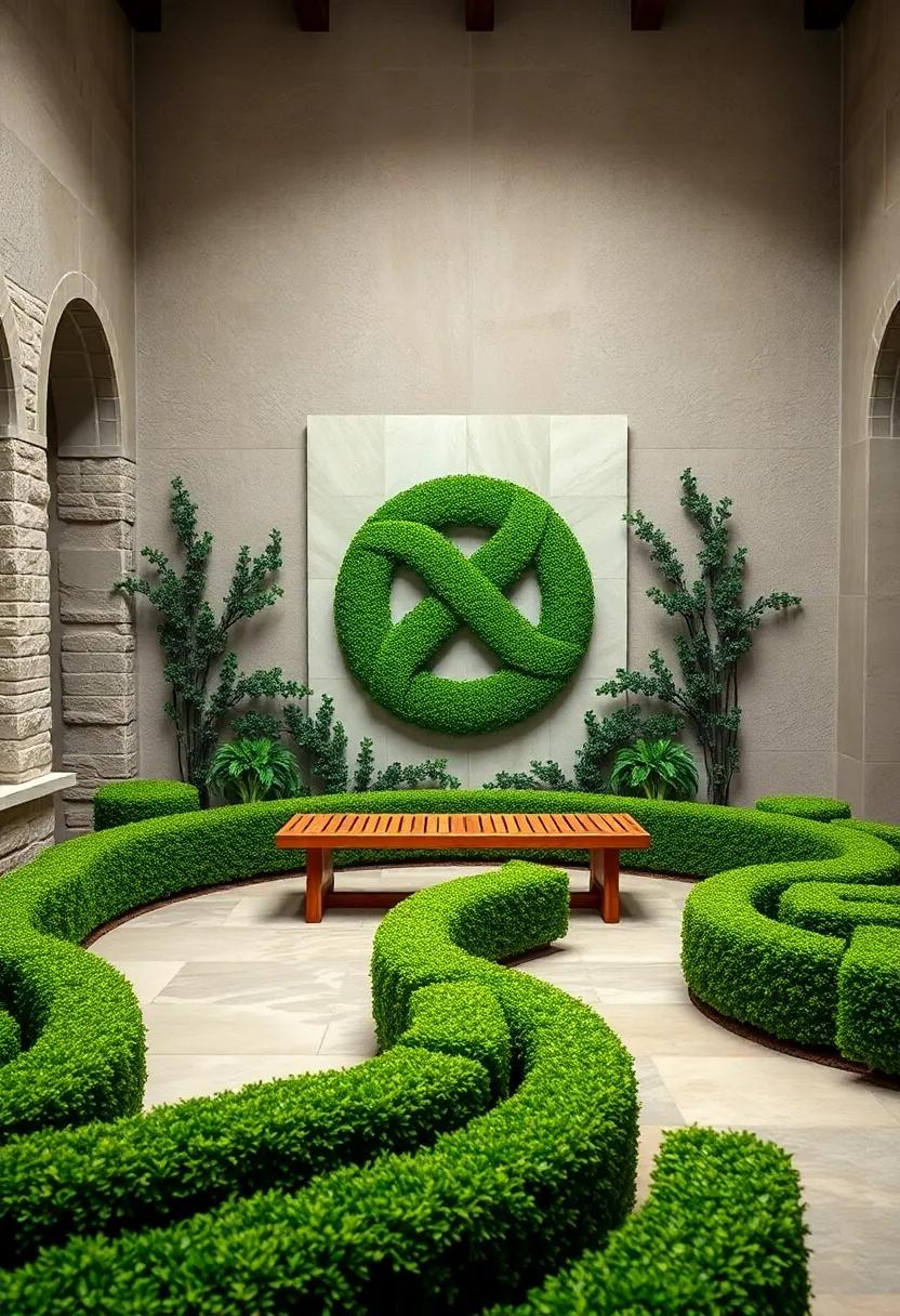 Pair of Rustic Benches Nestled Within the Curves and Swirls of a Celtic Interlaced Garden of Boxwood