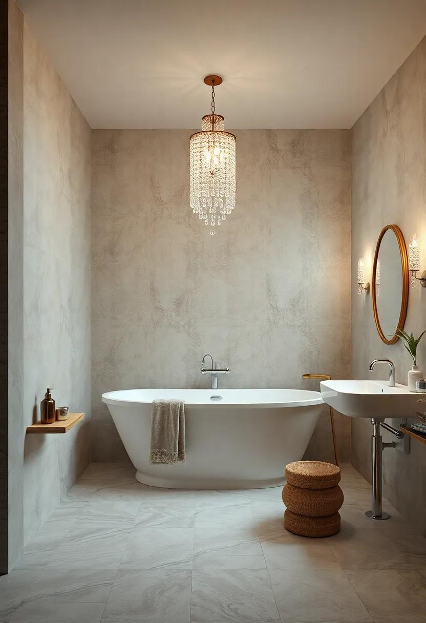 Delicate Crystal Chandeliers Casting Sparkling Light Over a Lavish Bathroom Setting