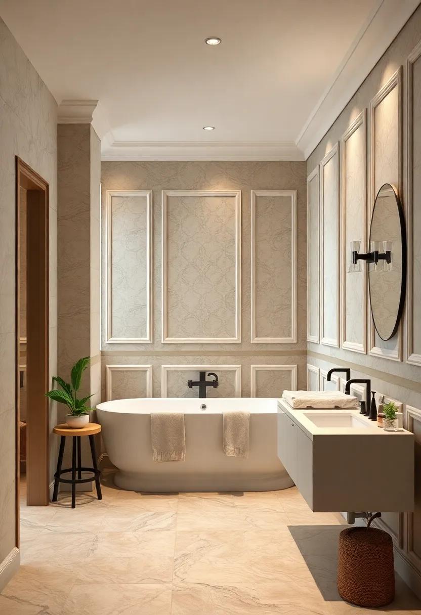 Deluxe Wall Paneling With Molded Details Elevating a Bathroom to Architectural Grandeur