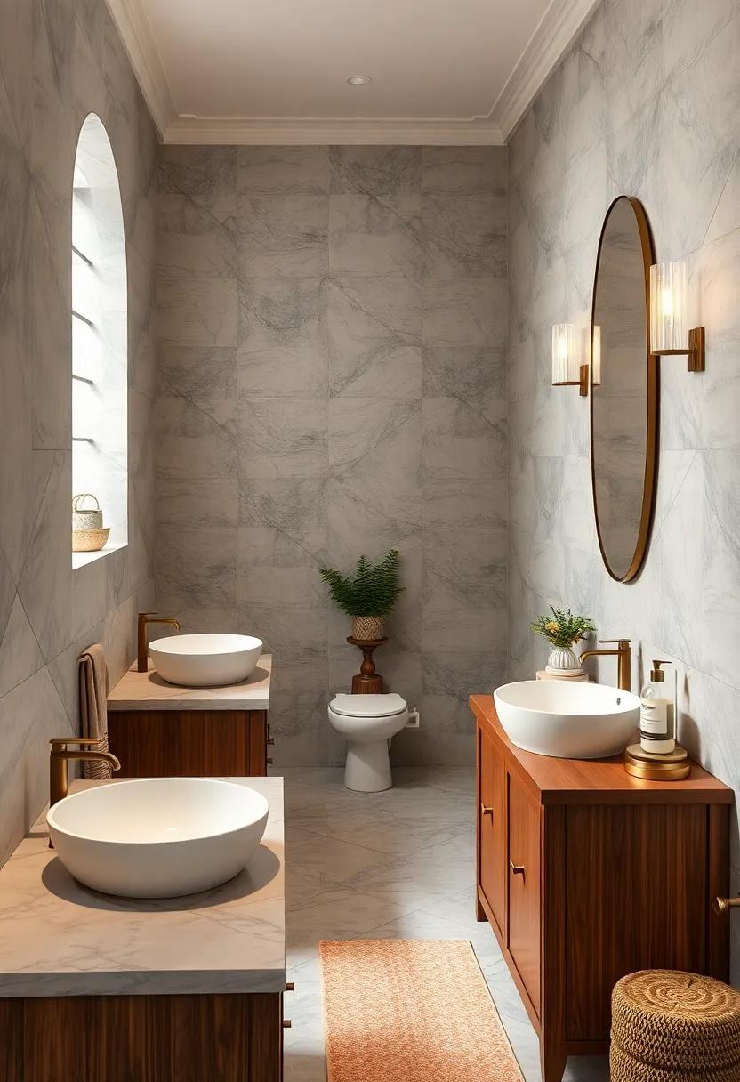 Fine Porcelain Sinks Resting on Elegant Wooden Vanities with Brass Hardware Details